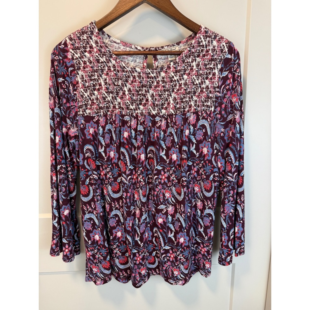 Lucky Brand Smocked Maroon Floral‎ Prairie Blouse Size Medium Cottagecore